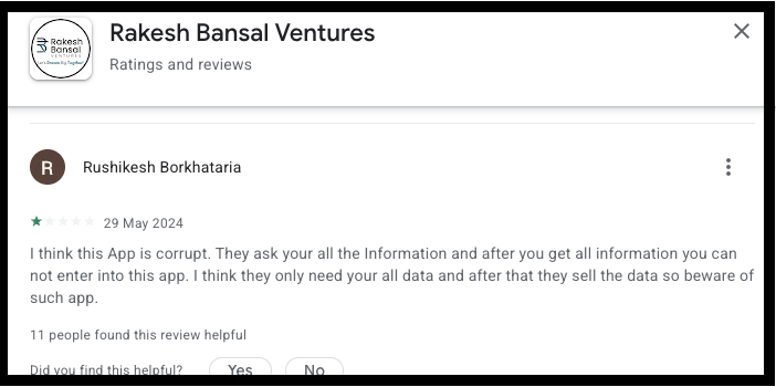 Rakesh Bansal Ventures App Review - Rushikesh Borkhataria