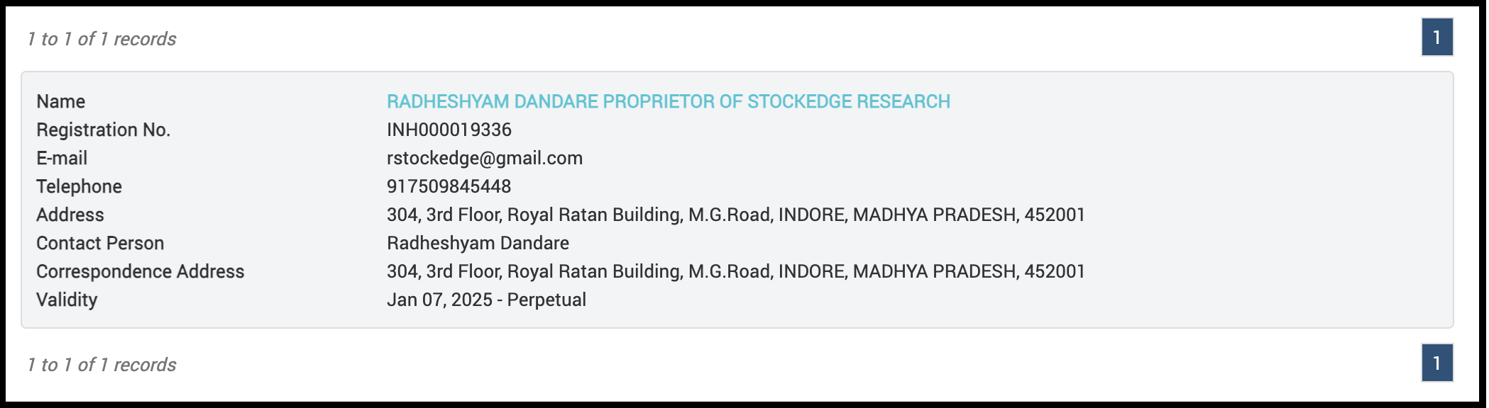 SEBI registration details table for Radheshyam Dandare, Proprietor of Stockedge Research.