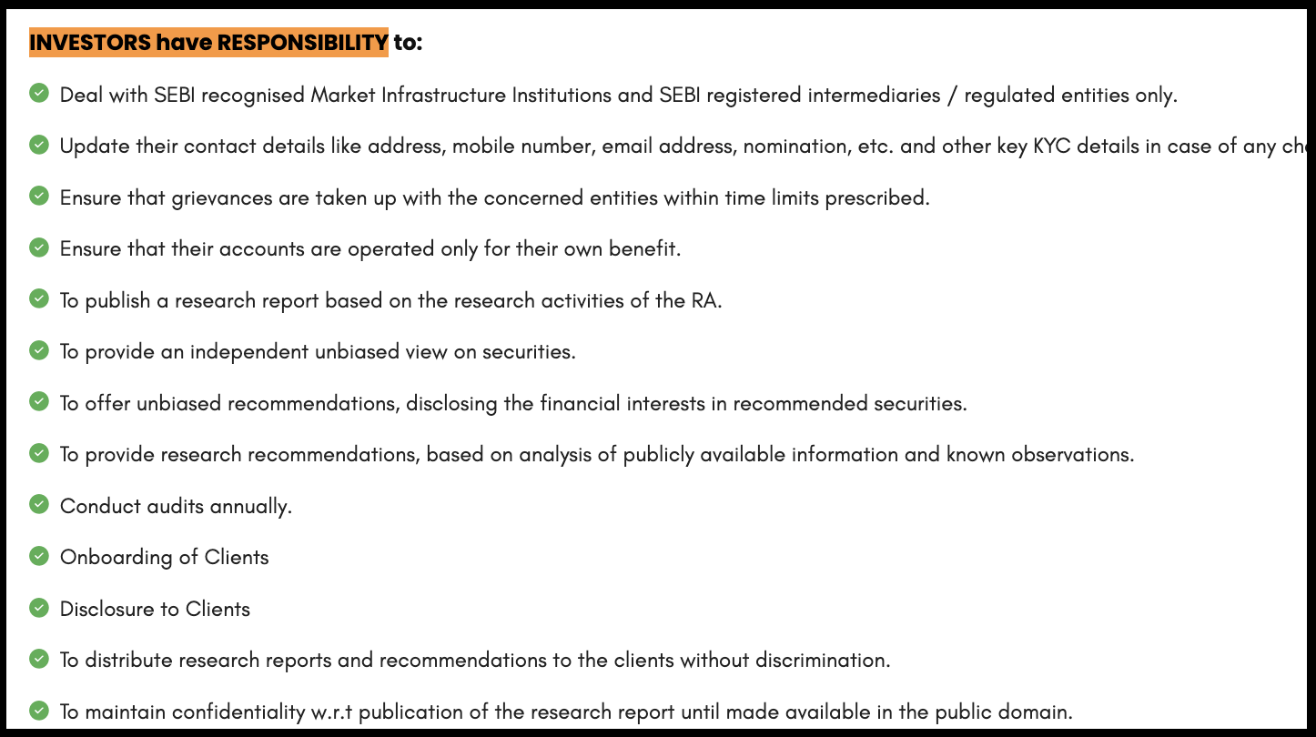 Stockedge Research Investor Charter page showing RA services as investor's responsibility