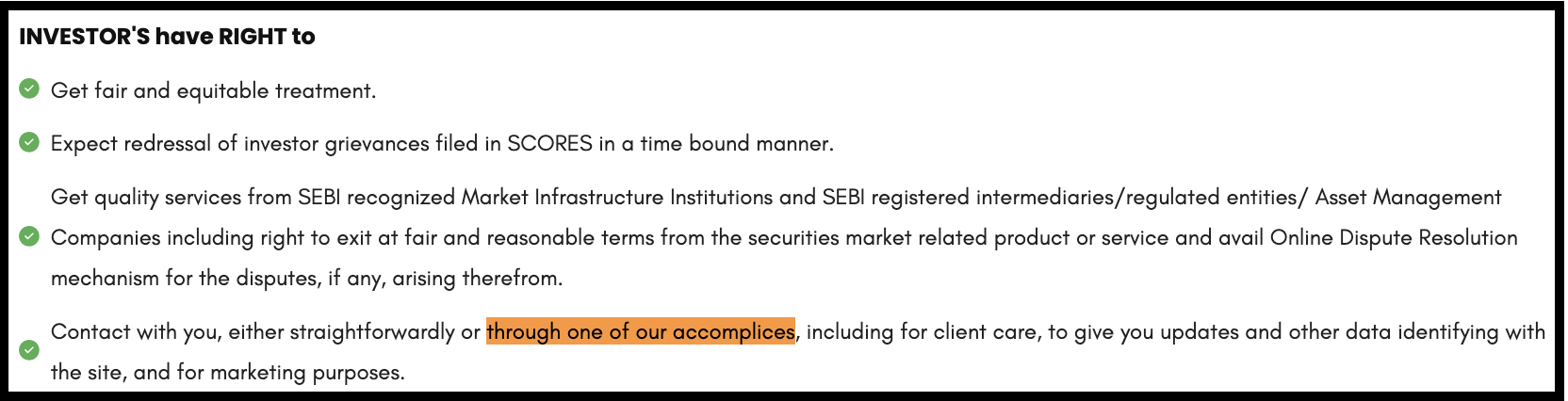 Document snippet showing policy about contact via third-party accomplices