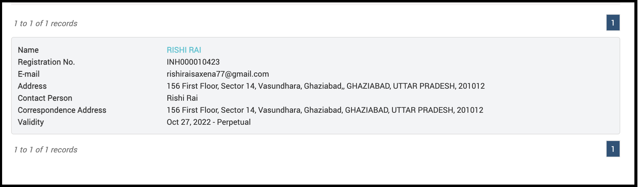 SEBI registration details for Rishi Money