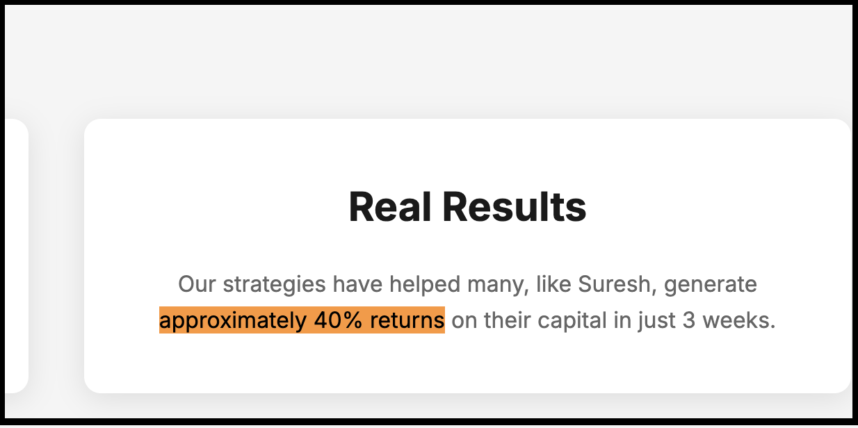 Rishi Money titled Real Results claiming approximately 40 percent returns in 3 weeks.