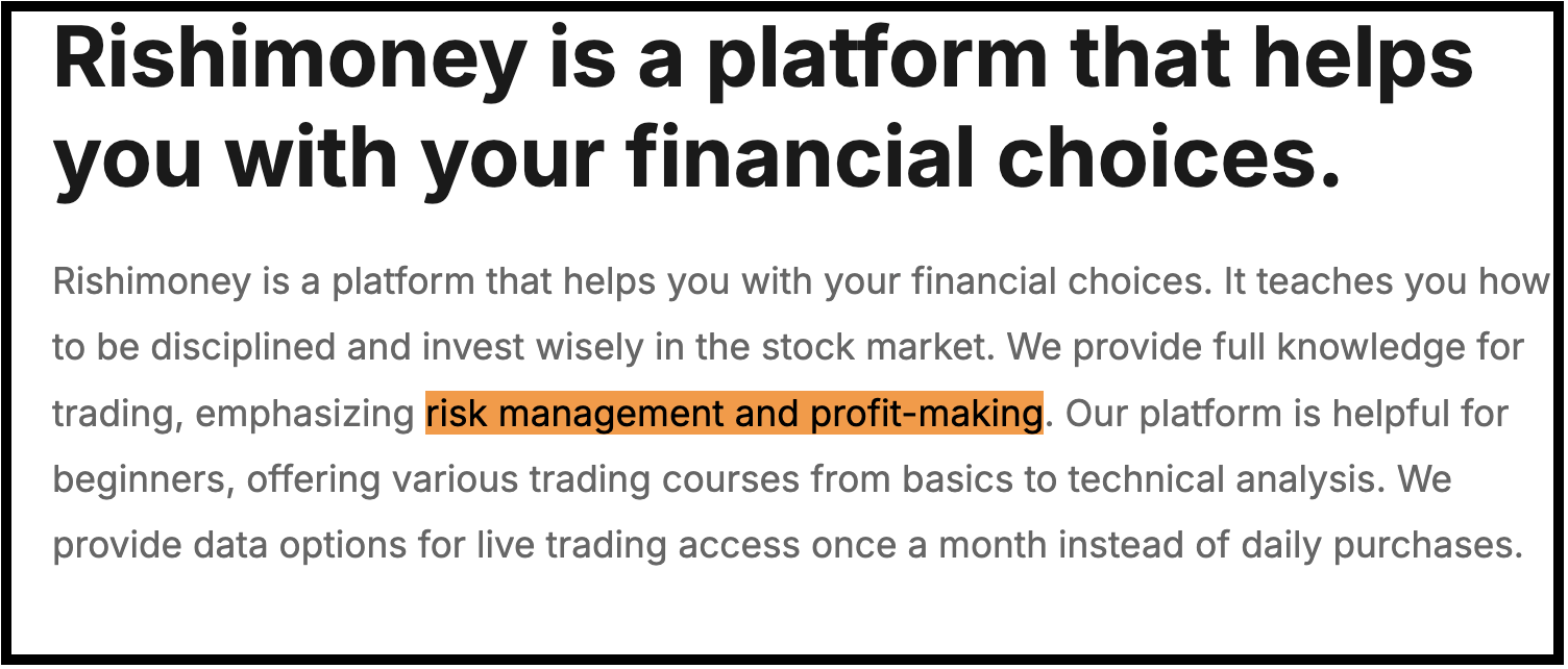 Rishi Money platform introduction graphic stating that it helps users with financial choices, risk management, and trading courses.