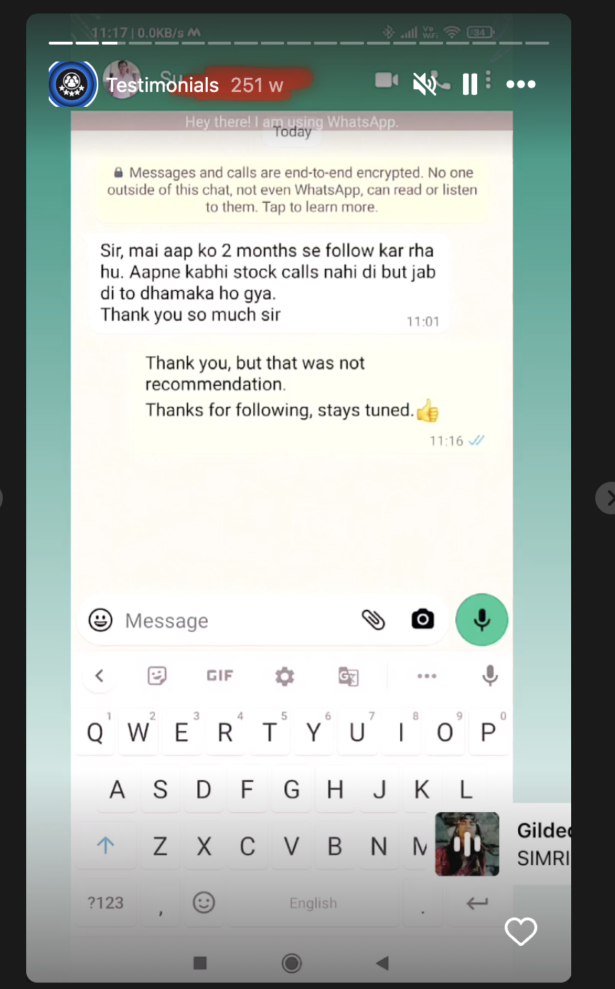 WhatsApp testimonial chat screenshot showing a client praising Rishi Money advisory and mentioning profitable trades.