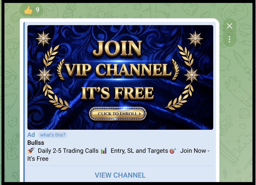 Telegram channel promotion graphic from Rishi Money advertising a free VIP trading channel with daily calls and targets.