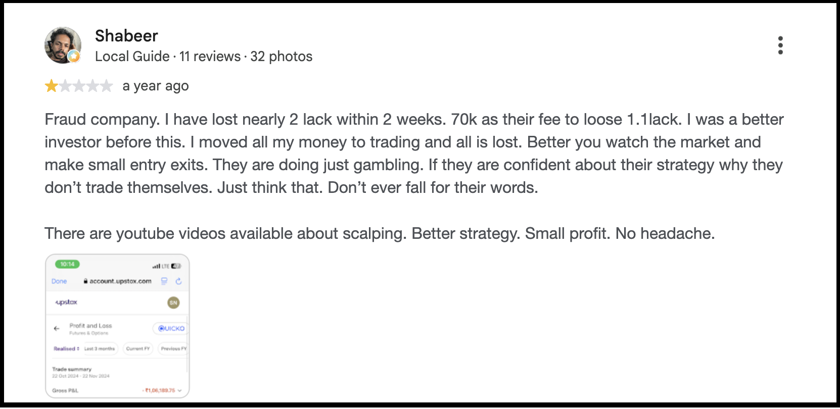 1-star Google review for Prime Market Research by Shabeer detailing financial losses of nearly 2 lakhs within two weeks.