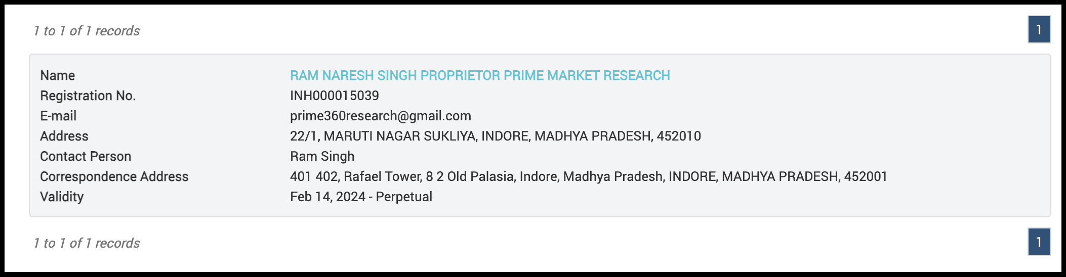 Official SEBI Research Analyst registration details for Ram Naresh Singh of Prime Market Research