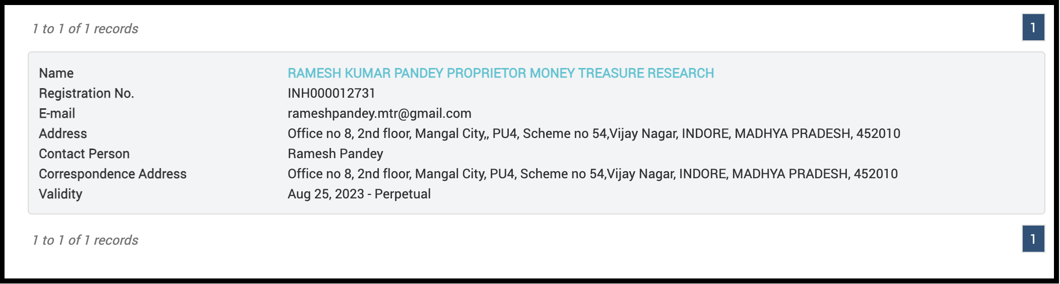 SEBI registration details for Money Treasure Research