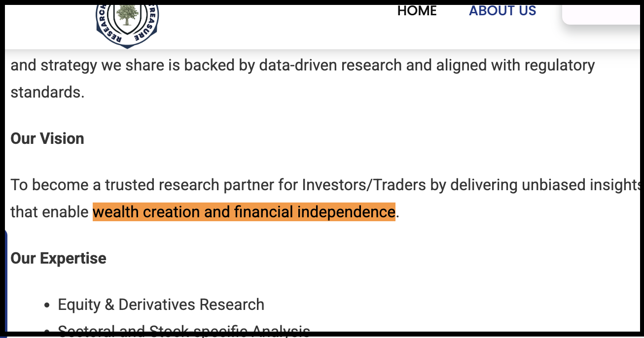 Website excerpt from Money Treasure Research highlighting claims of wealth creation and financial independence