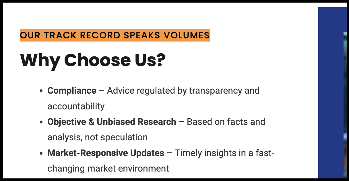 Website excerpt from Money Treasure Research showing an unsupported track record claim