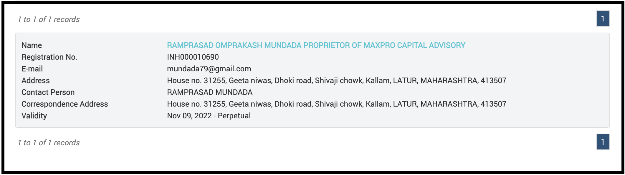 SEBI registration details for Ramprasad Omprakash Mundada (Max Pro Capital Advisory)