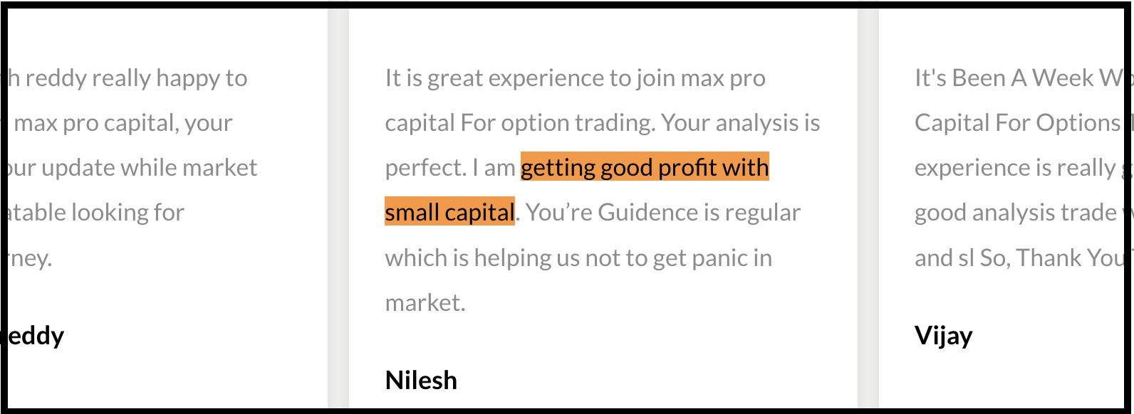 Client testimonials displayed on the Max Pro Capital Advisory website