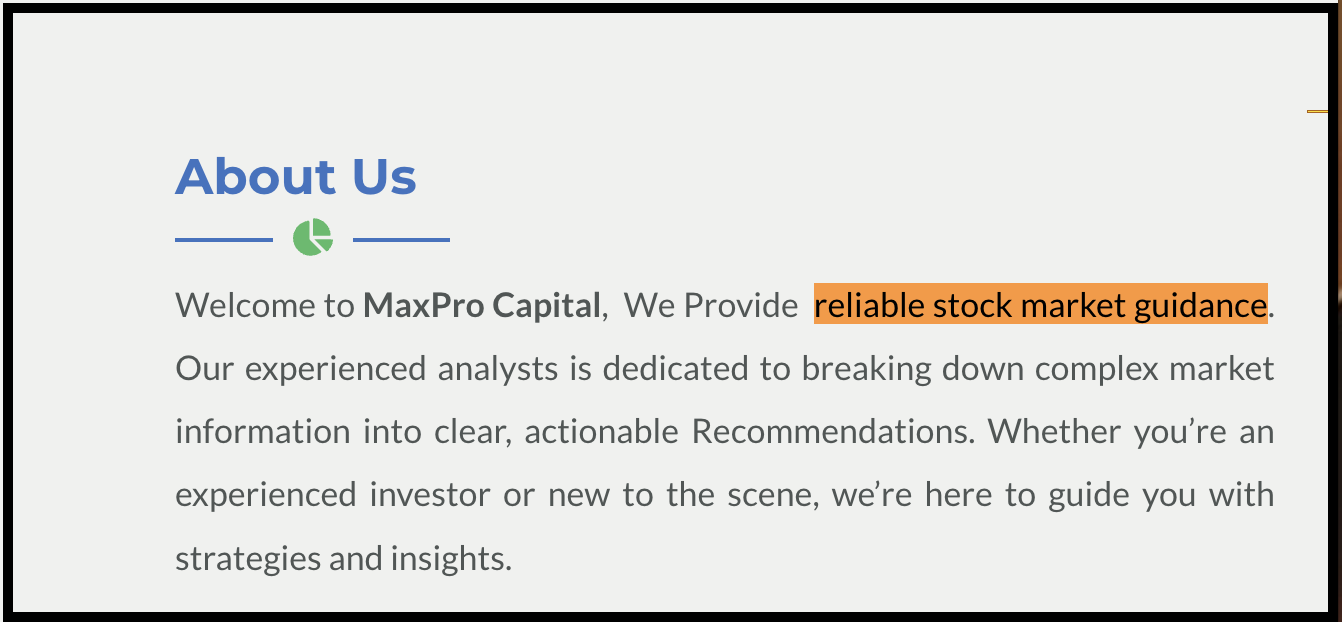 "About Us" section on the Max Pro Capital Advisory website