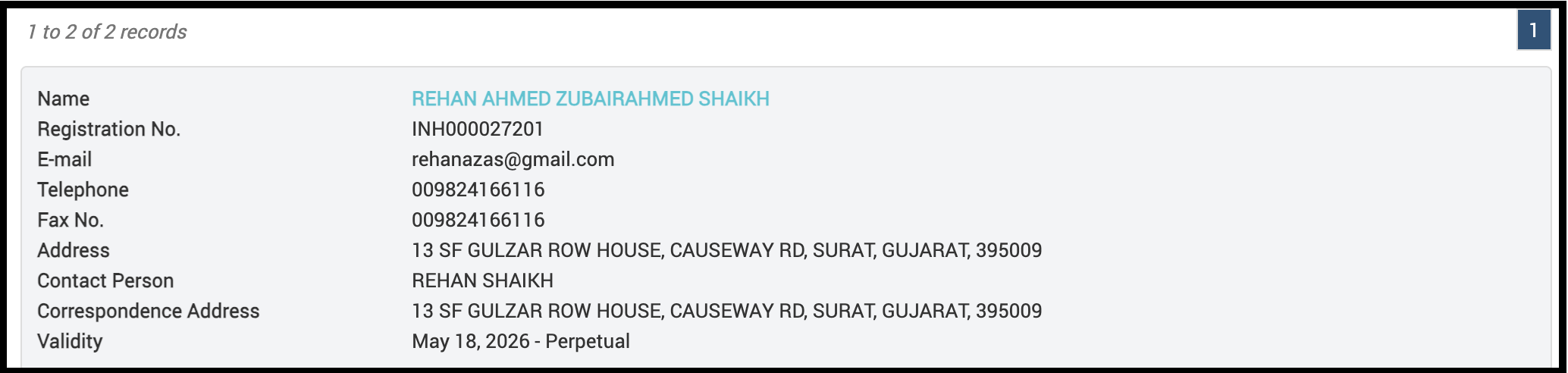 SEBI registration details for Rehan Ahmed Zubairahmed Shaikh (Barkat Capital)