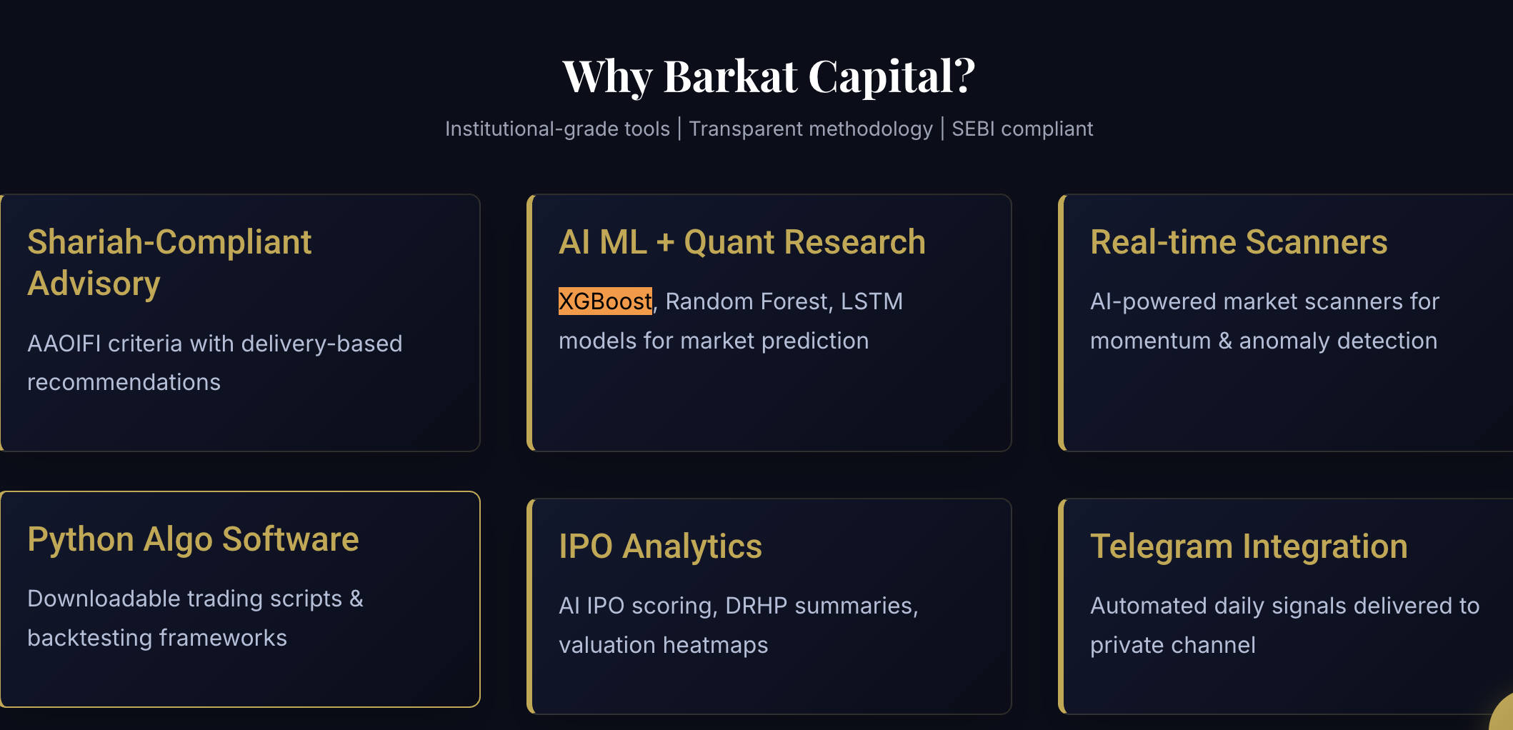 Website excerpt from Barkat Capital highlighting its services