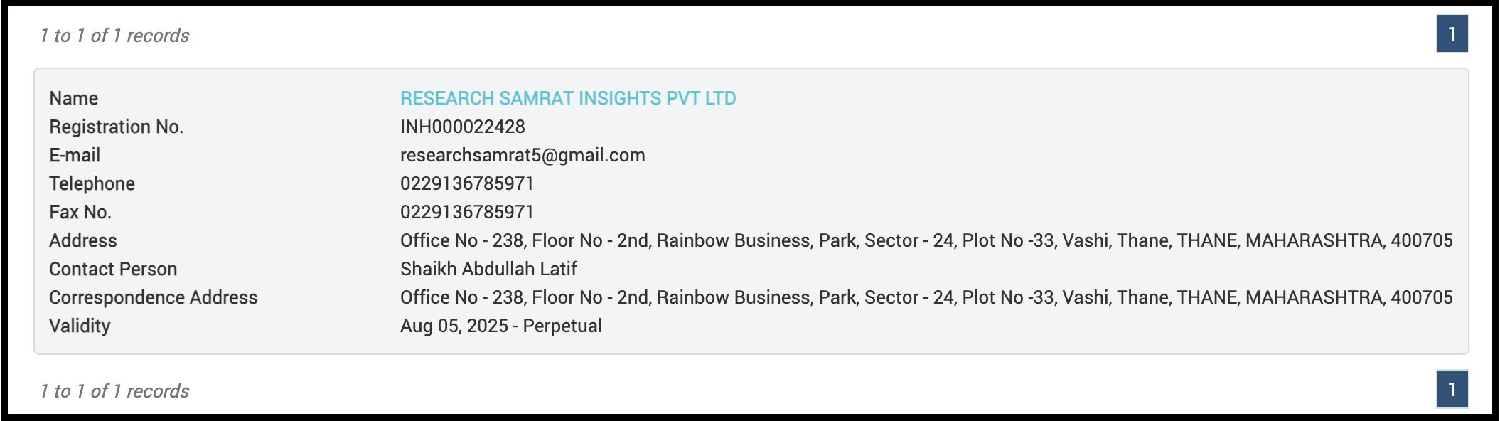 SEBI registration details for Research Samrat Insights