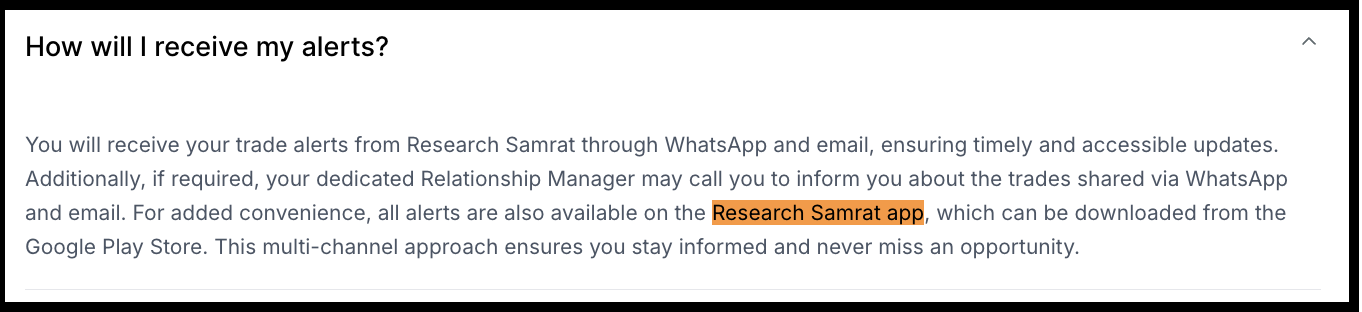Research Samrat Insights website excerpt mentioning trade alert delivery through their mobile app