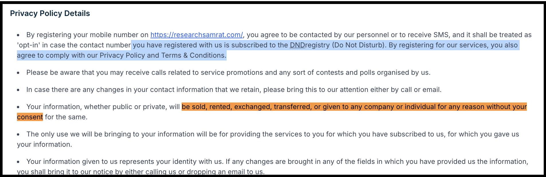 Privacy Policy Details page highlighting contradictory clauses