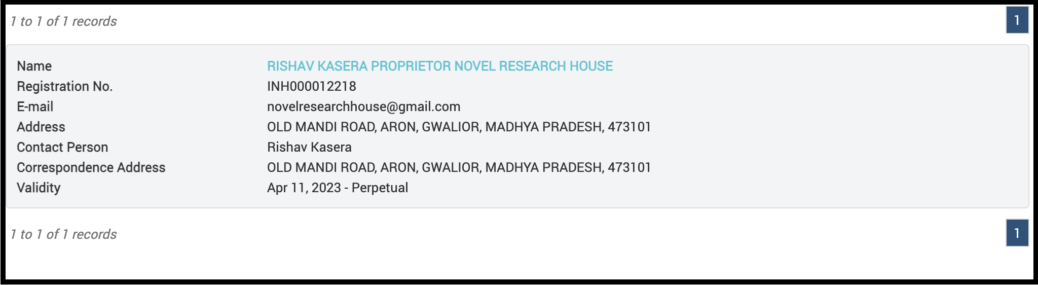 SEBI Research Analyst registration details for Rishav Kasera