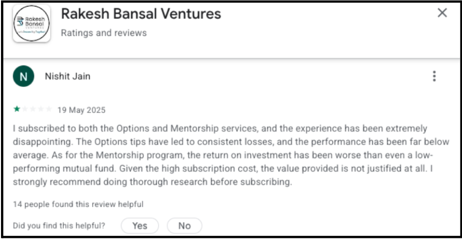 Rakesh Bansal Ventures App Review - Nishit Jain