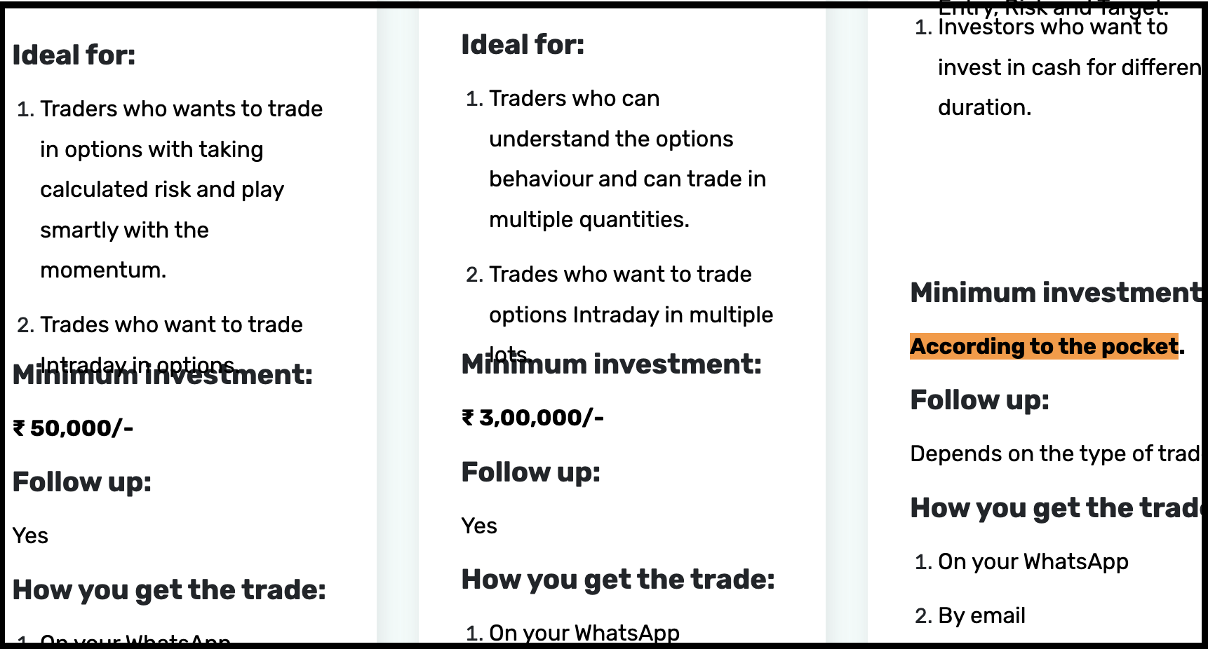 Service details from The Money Mint Research and Trading Academy displaying distinct minimum investment requirements alongside unstandardized criteria for upcoming plans