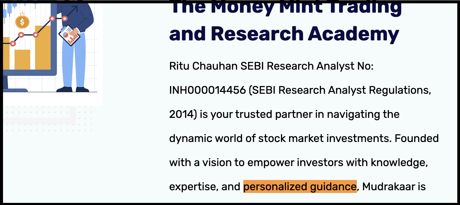 Promotional claims on website of providing personalized guidance