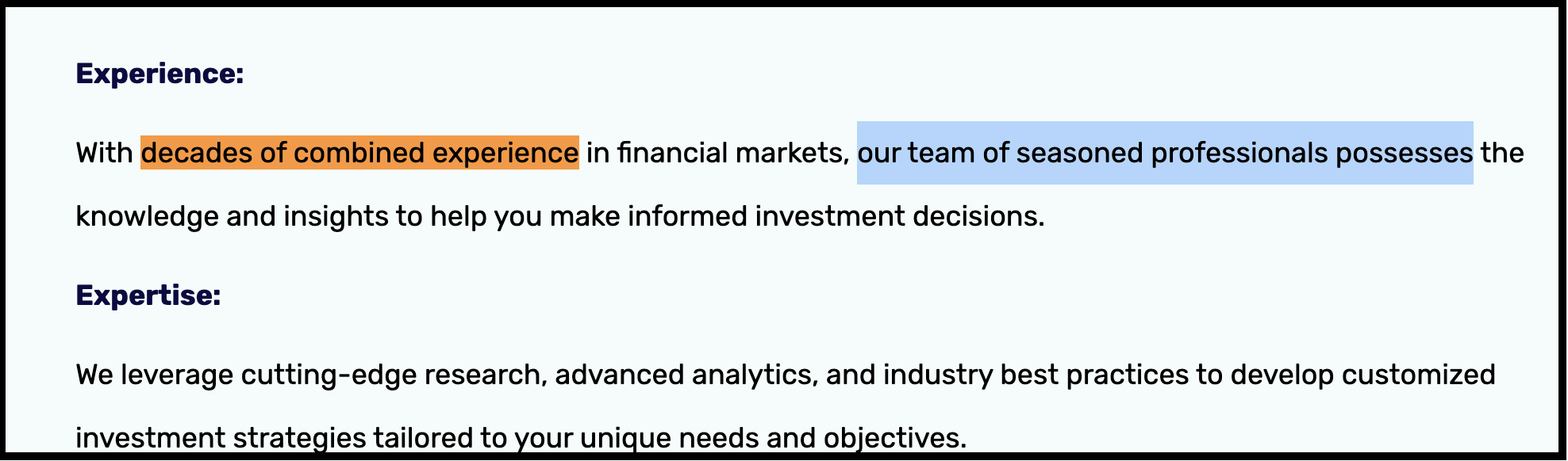 Ritu Chouhan Promotional website excerpt claiming decades of combined experience