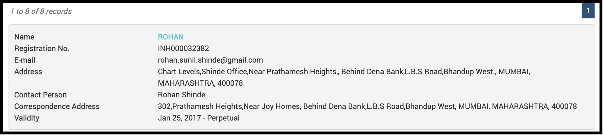 Official SEBI Research Analyst registration record for Rohan Sunil Shinde