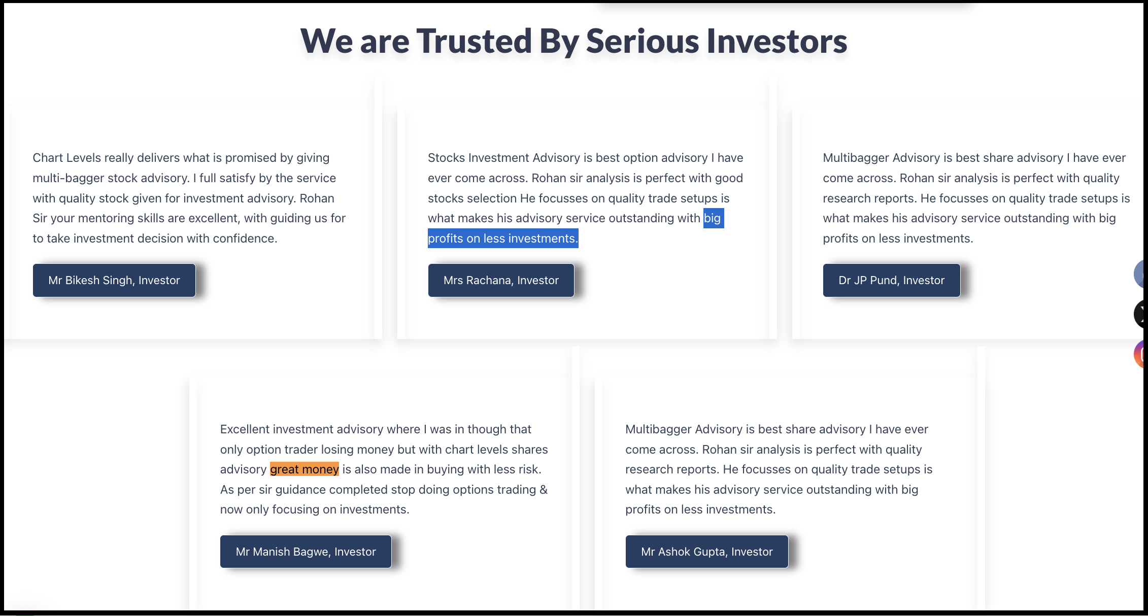 Promotional testimonials displayed on the Chart Levels website