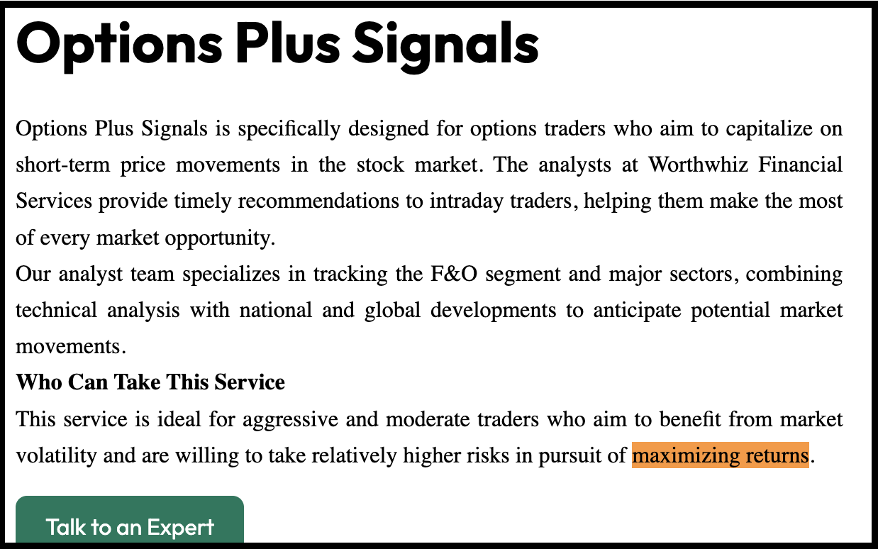 Worthwhiz Financial Services' Options Plus Signals plan description and marketing claims.