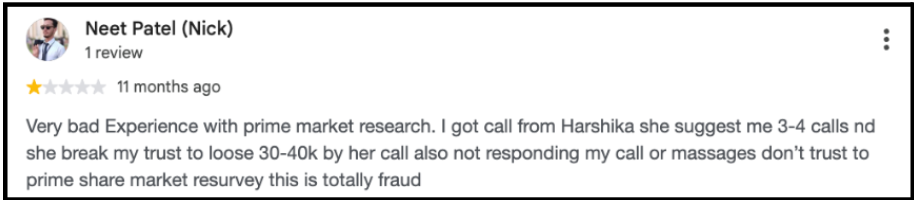 1-star Google review for Prime Market Research by Neet Patel detailing financial losses and unresponsive support.