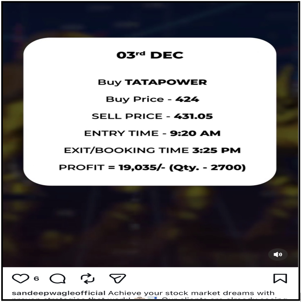 Sandeep Wagle Instagram post showing a trade result card for TATAPOWER with buy price 424, sell price 431.05, and profit of 19,035 rupees.