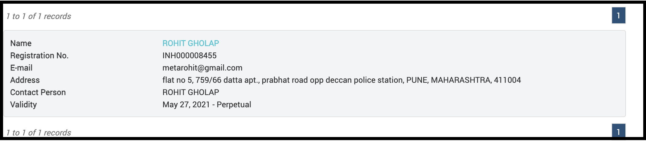 SEBI Research Analyst registration details for Rohit Gholap