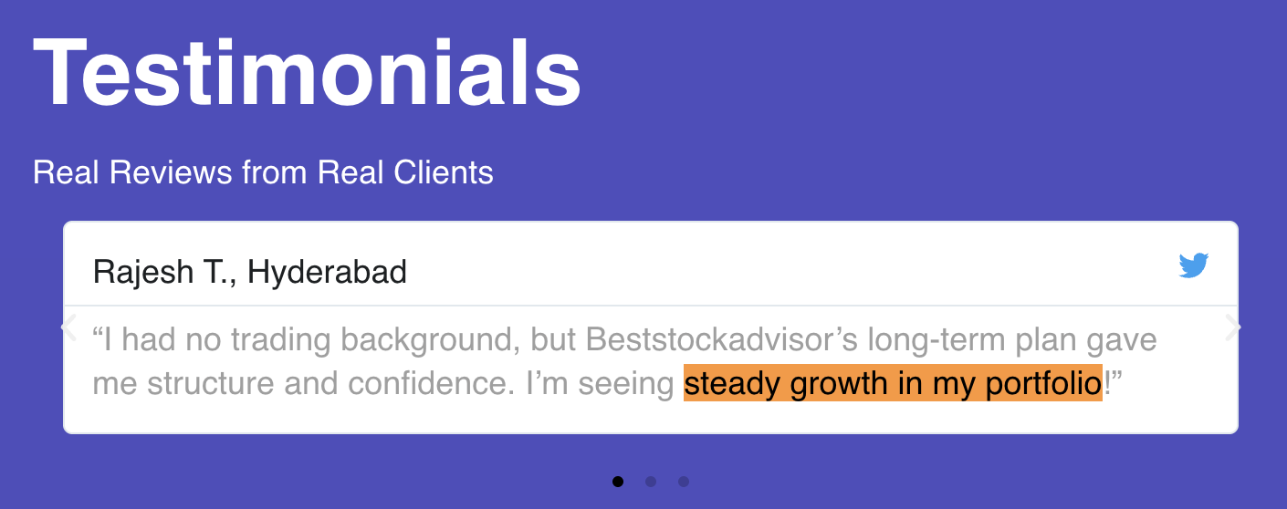 Promotional client testimonial on Beststockadvisor's website