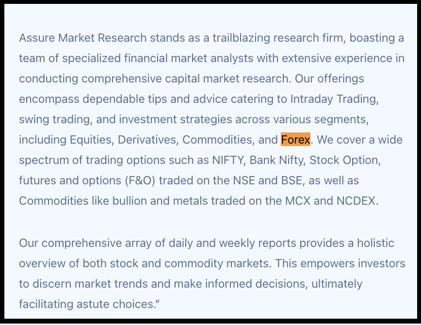 Assure Market Research listed Forex alongside other research services