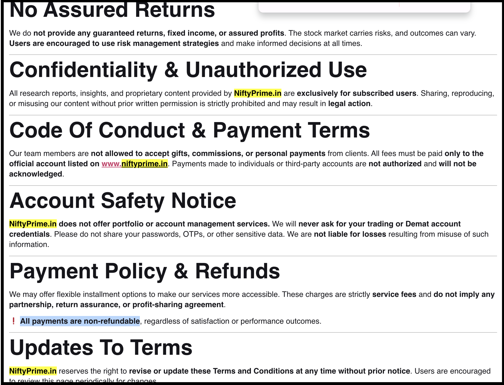 Terms and Conditions document published on Beststockadvisor referencing different website