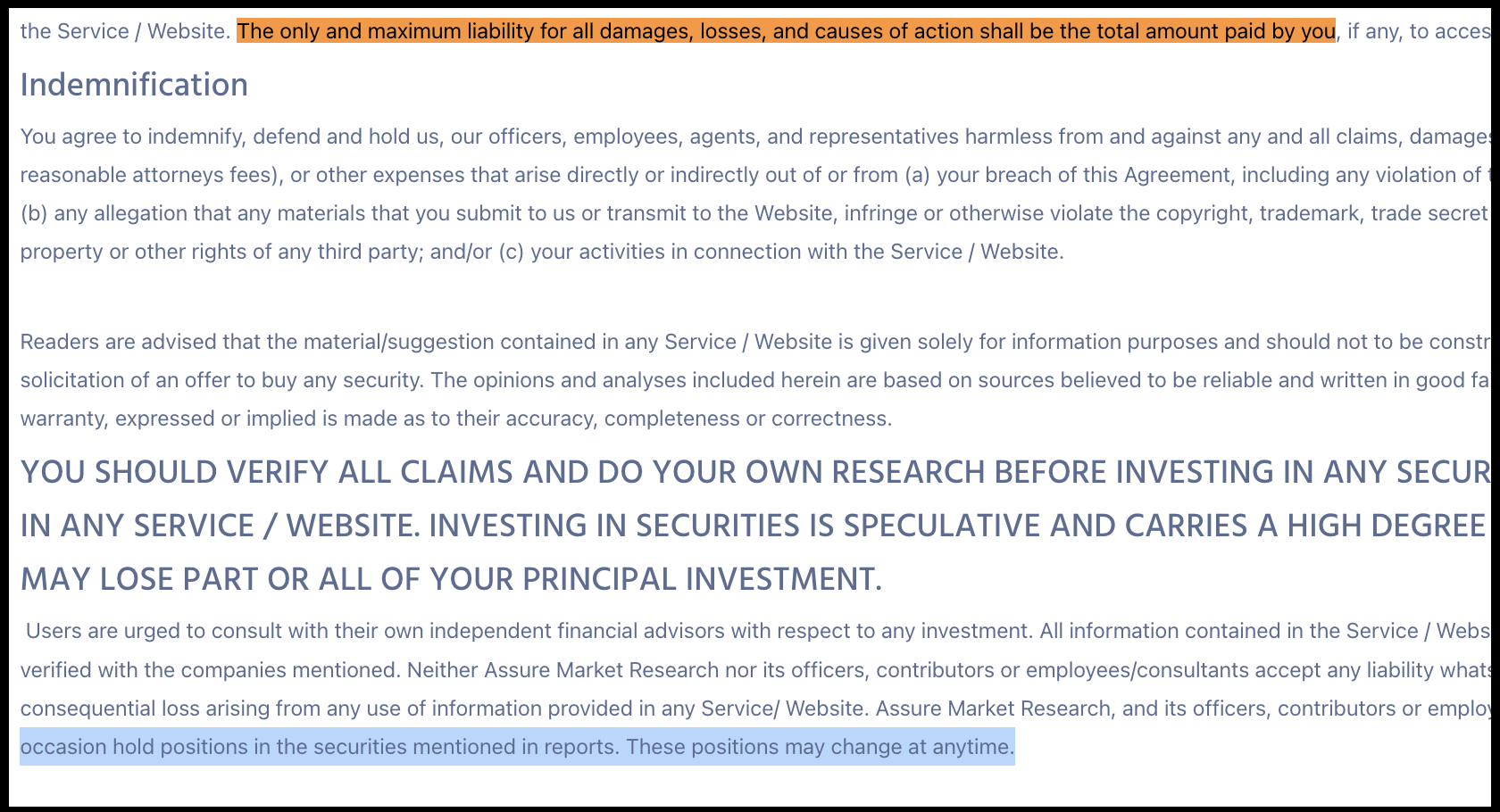 Assure Market Research Terms Disclosures, Conflicts, and Liability Limits