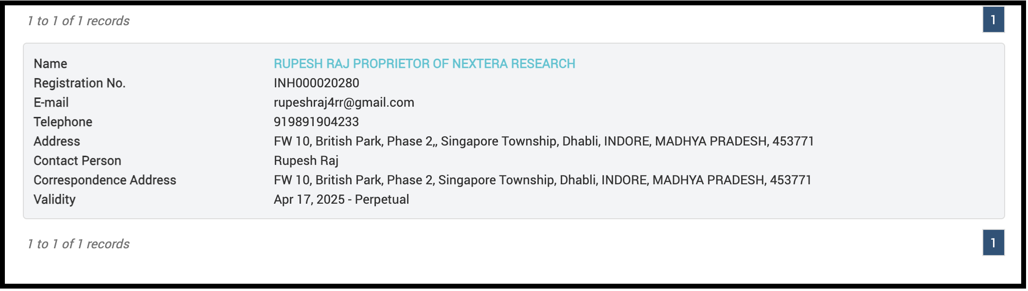 SEBI registration details table for Rupesh Raj, Proprietor of NexEra Research