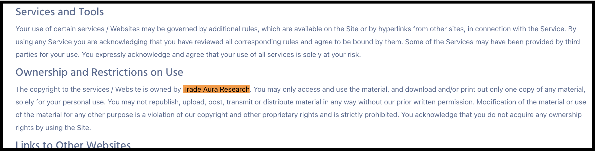 website Terms and Conditions section under Ownership and Restrictions on Use highlighting Trade Aura Research