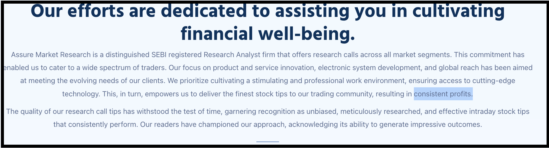 Promotional text from Assure Market Research highlighting claims about helping clients achieve financial well-being and consistent profits