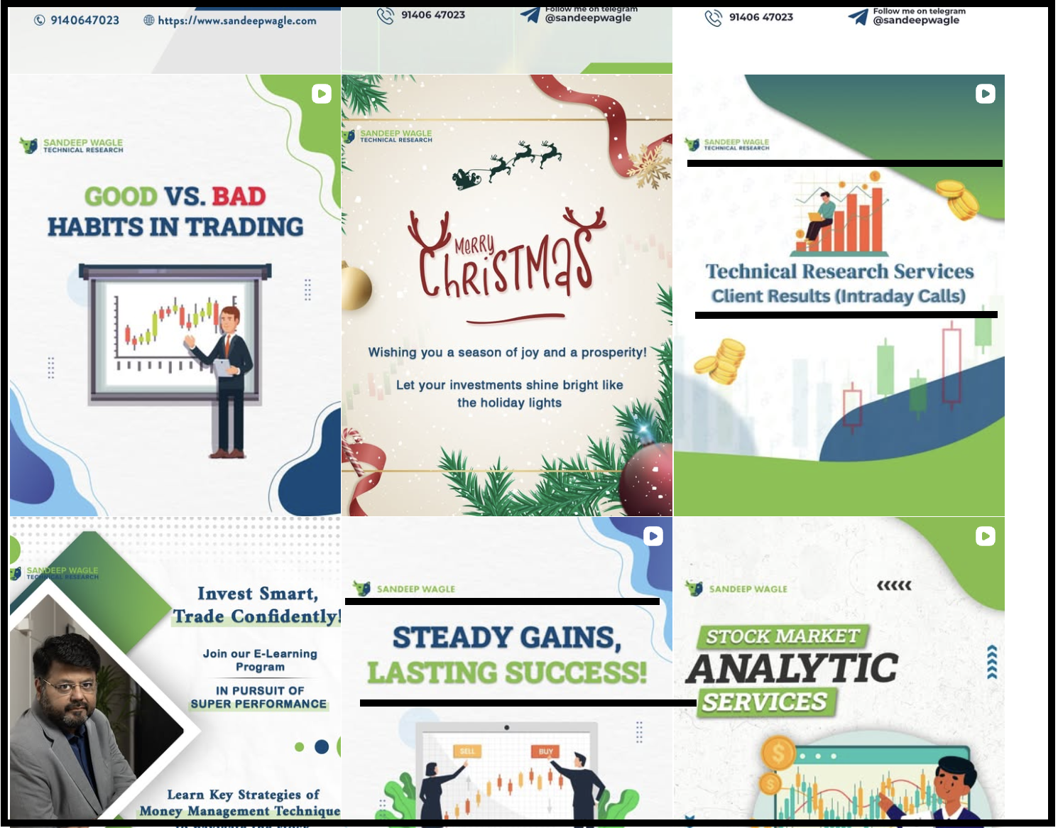 A collection of social media creatives and promotional trade result cards shared across Sandeep Wagle's Instagram and Telegram channels.