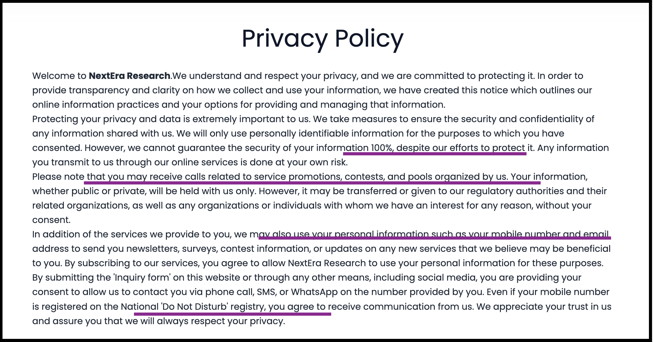 NexEra Research Privacy Policy regarding data sharing