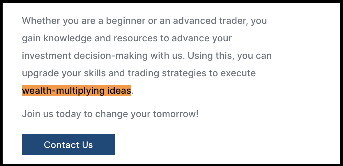Website text box highlighting the promotional phrase wealth-multiplying ideas alongside a Contact Us button.