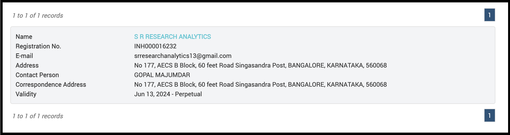 SEBI registration record for S R Research Analytics