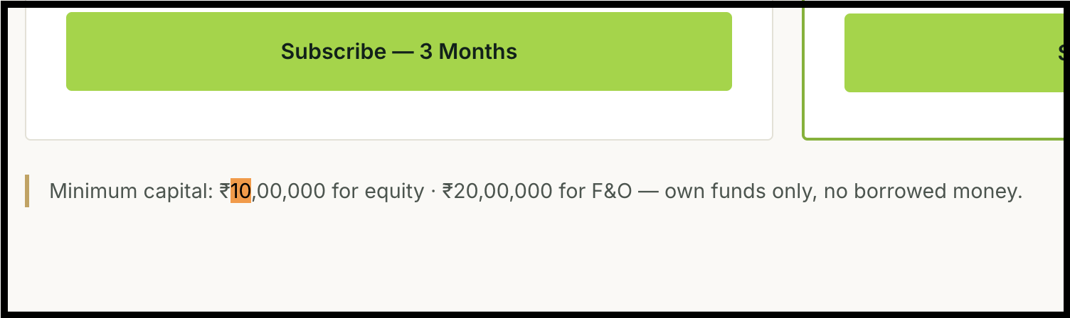 Seema Jain subscription button showing minimum capital requirements of 10 lakh for equity and 20 lakh for F and O