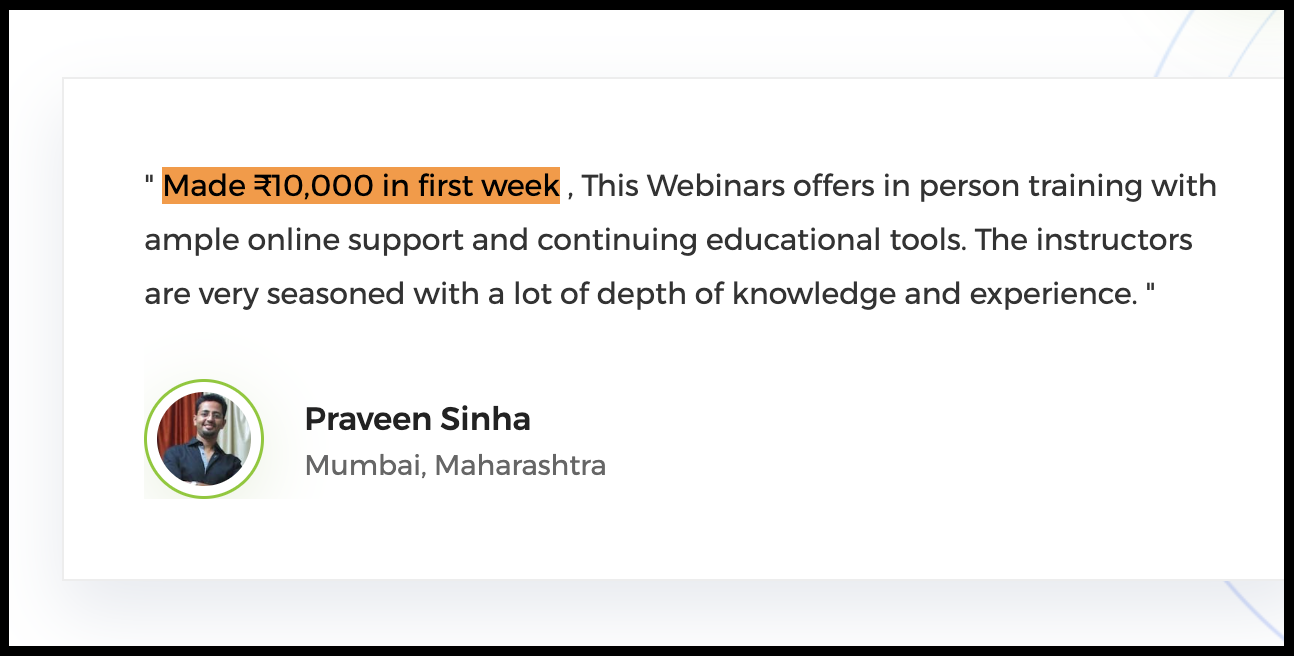 StockPro website testimonial card featuring Praveen Sinha claiming 10,000 rupees profit in first week