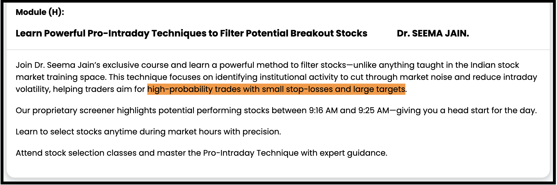 Seema jain course description for Pro-Intraday Techniques with Dr. Seema Jain highlighting stock screeners and breakout trades