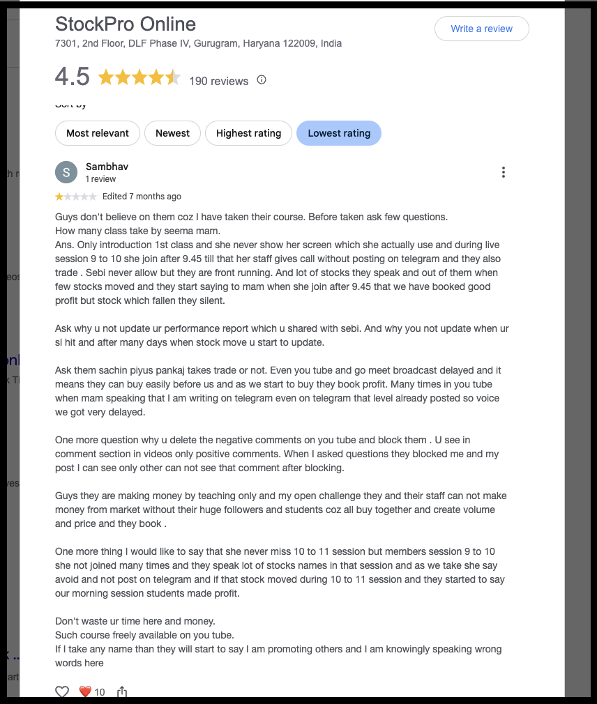 1-star Google review by Sambhav criticizing StockPro live trading sessions, delayed updates, and comment moderation