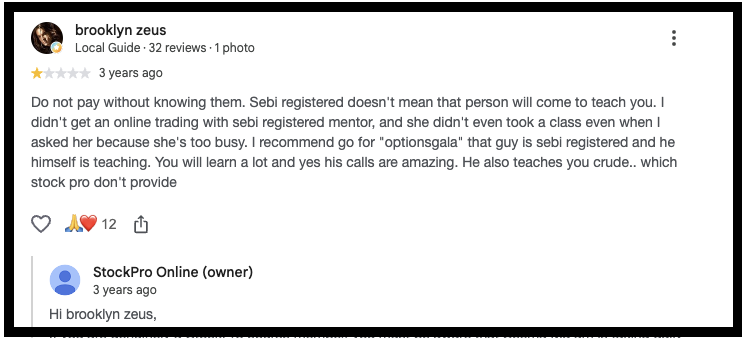 1-star Seema jain Google review by brooklyn zeus criticizing StockPro trading course mentoring and teaching