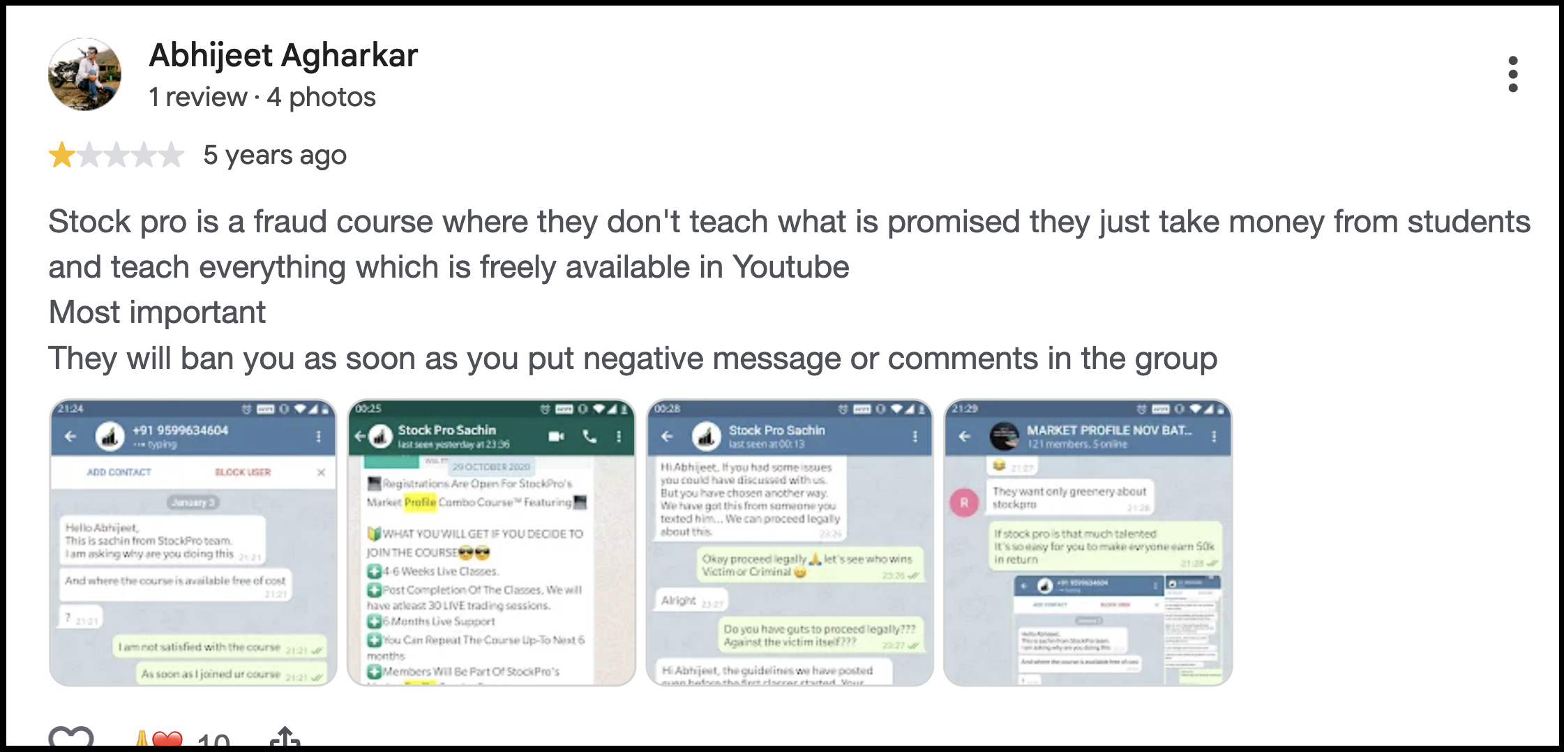 Google review by Abhijeet Agharkar criticizing StockPro trading course content and showing WhatsApp chat screenshots